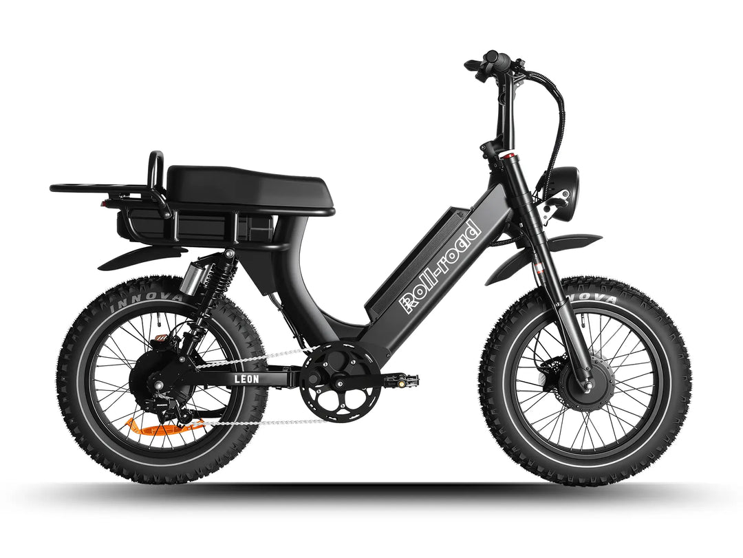 LEON black electric bike front view, featuring a dual motor setup, 40MPH top speed, and 150Mi range.