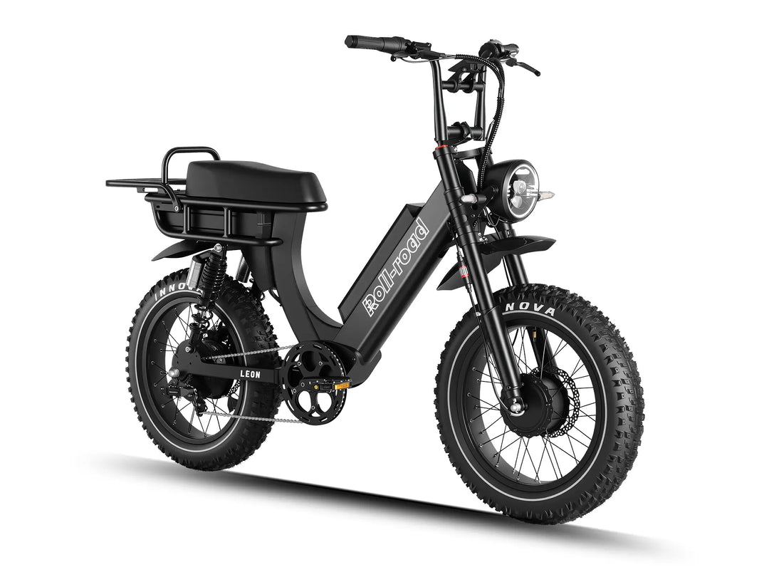 Side profile of the black LEON e-bike, powered by dual motors and dual 52V batteries for long range.