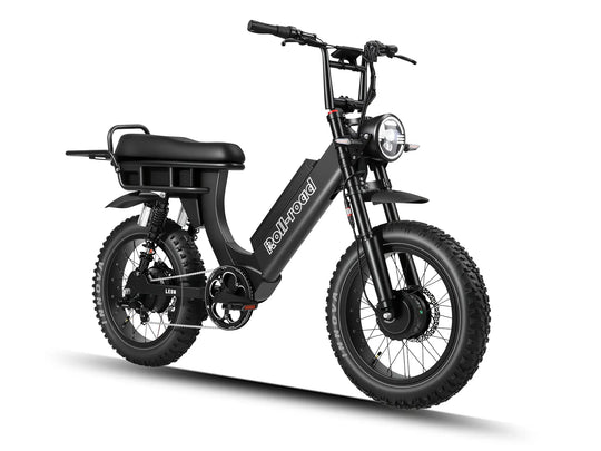 Side view of the LEON passenger e-bike with a 2-person seat, powered by dual motors for two-person rides.